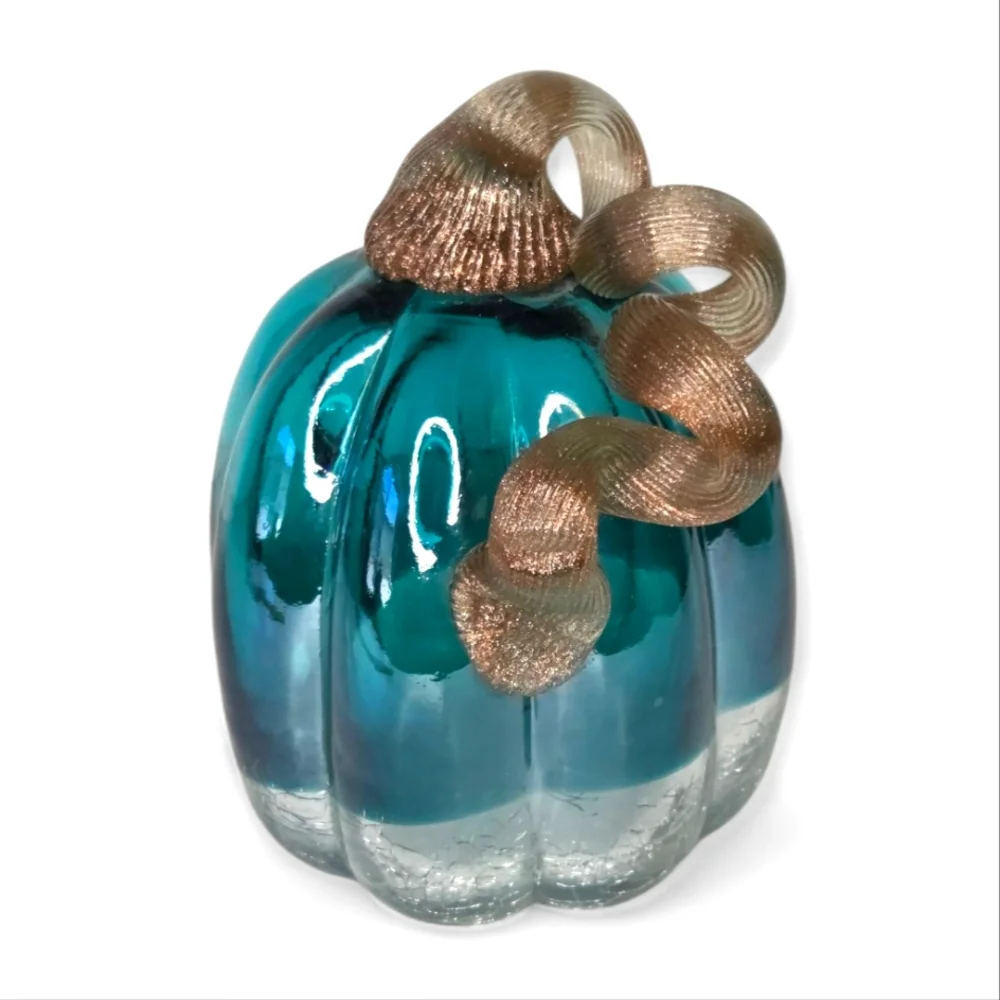 Glitzhome Teal Turquoise Hand Blown Crackle Glass And Glitter Pumpkin Fall Decor